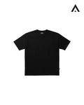 Black t-shirt on a white background with a logo in the corner.
