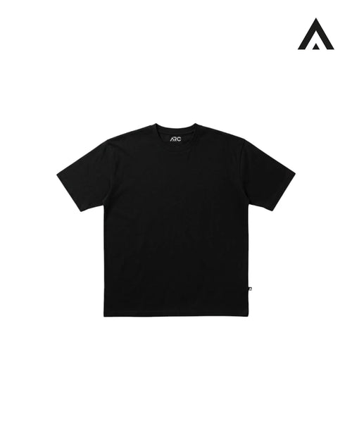 Black t-shirt on a white background with a logo in the corner.
