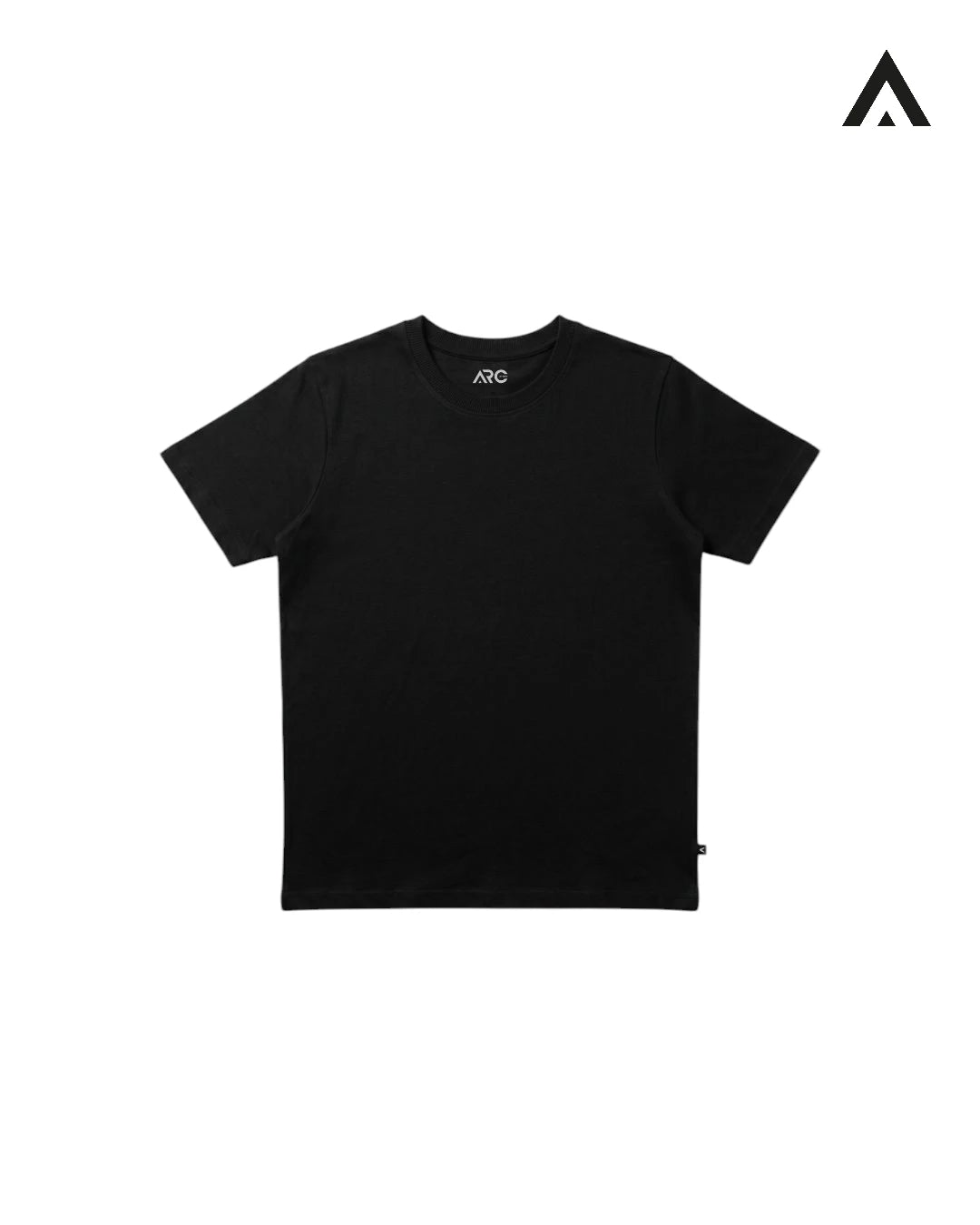 Black t-shirt on a white background with a brand logo in the corner.