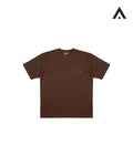 Brown t-shirt with a small logo on a white background