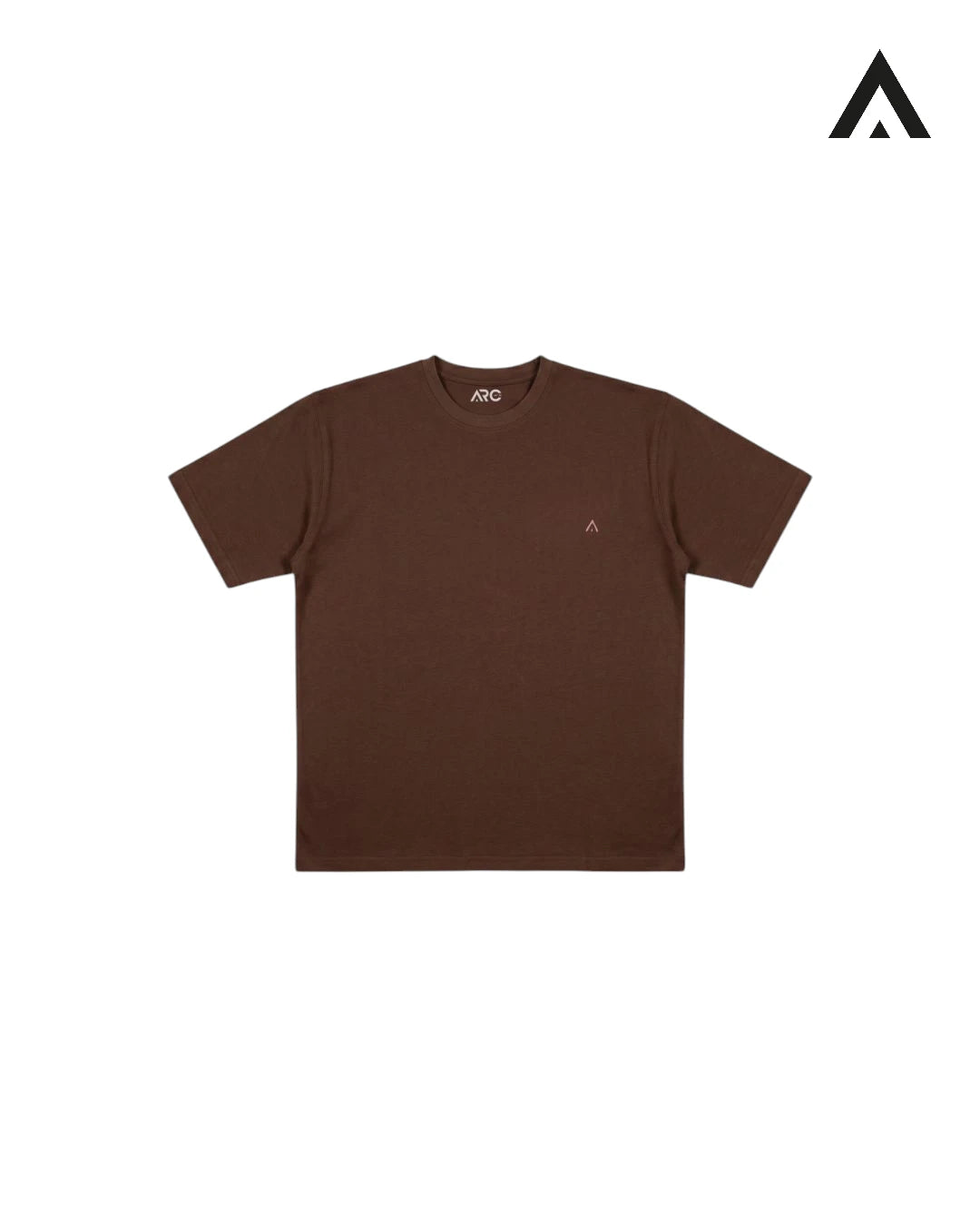 Brown t-shirt with a small logo on a white background