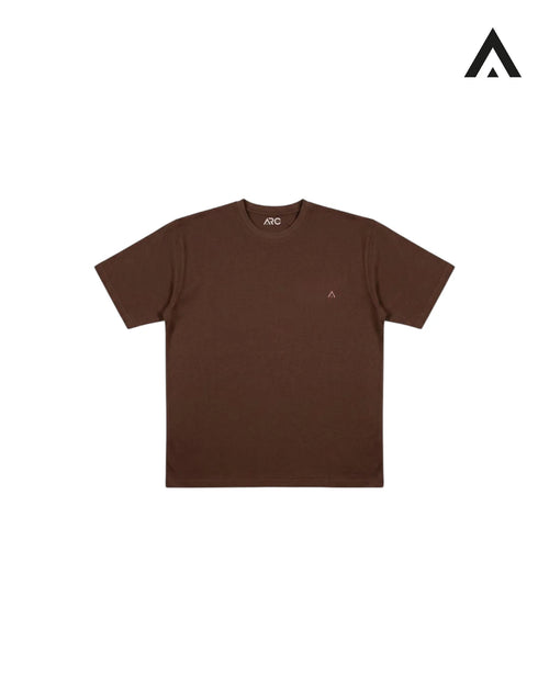 Brown t-shirt with a small logo on a white background