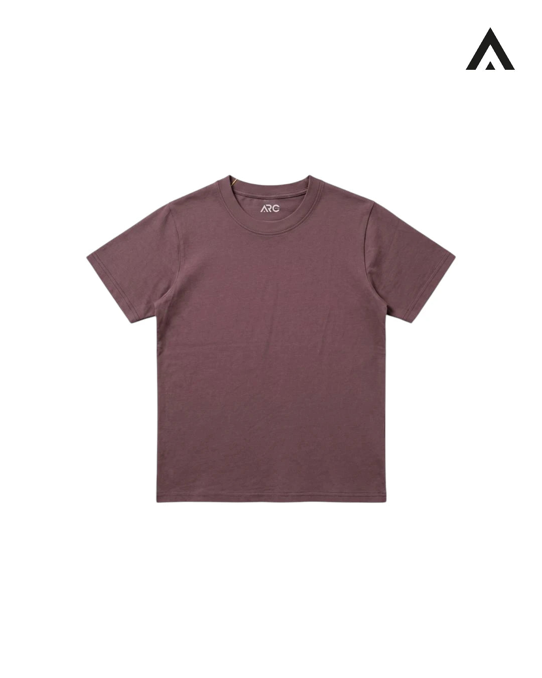 brown t-shirt on a white background with a brand logo in the corner.