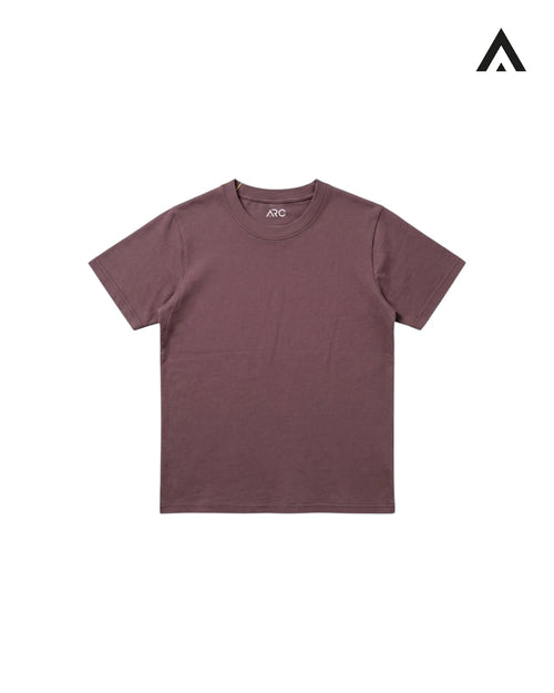 brown t-shirt on a white background with a brand logo in the corner.