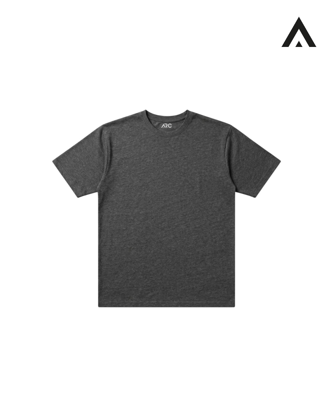 Gray t-shirt on a white background with a brand logo in the corner.