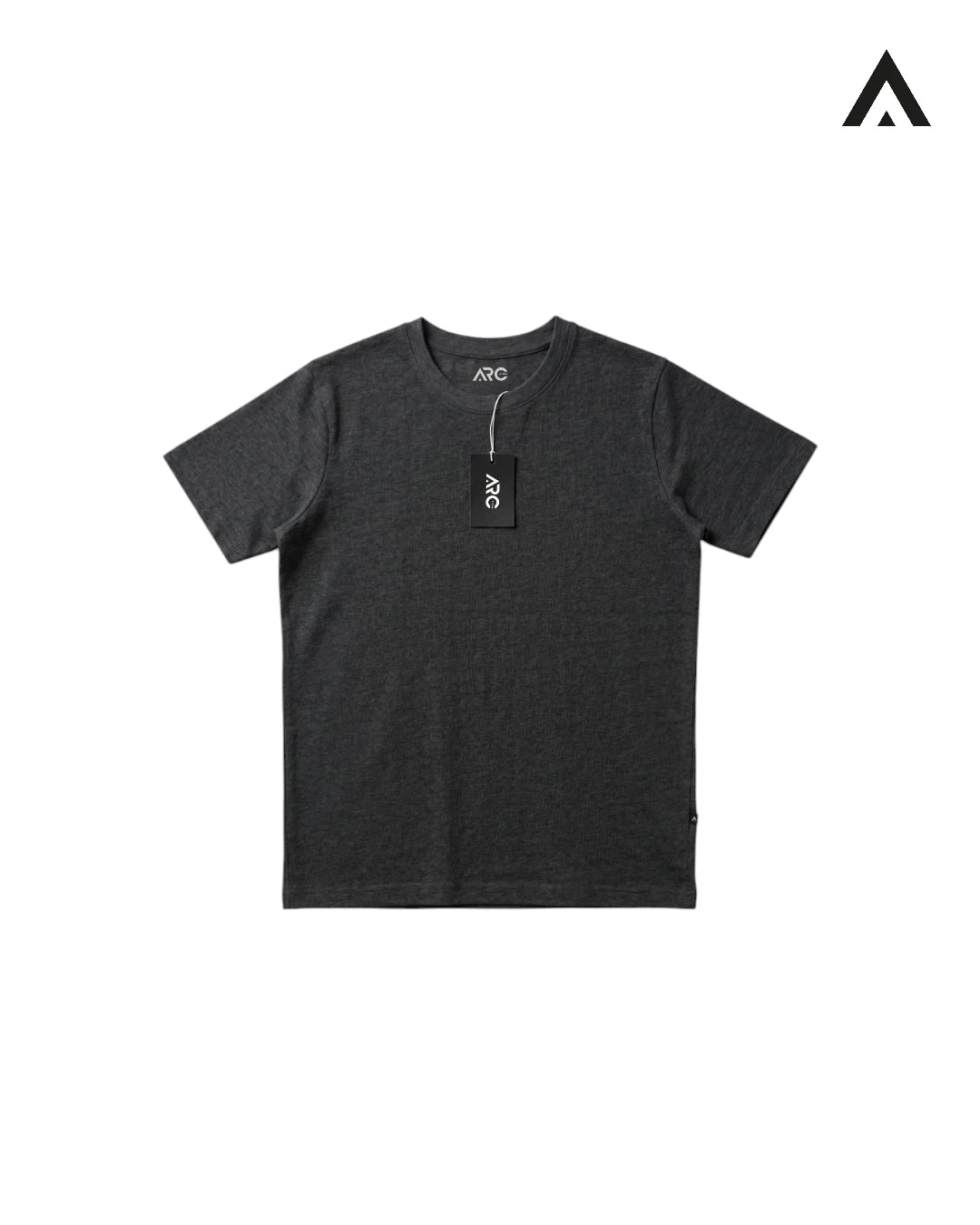 Charcoal t-shirt with a tag on a white background