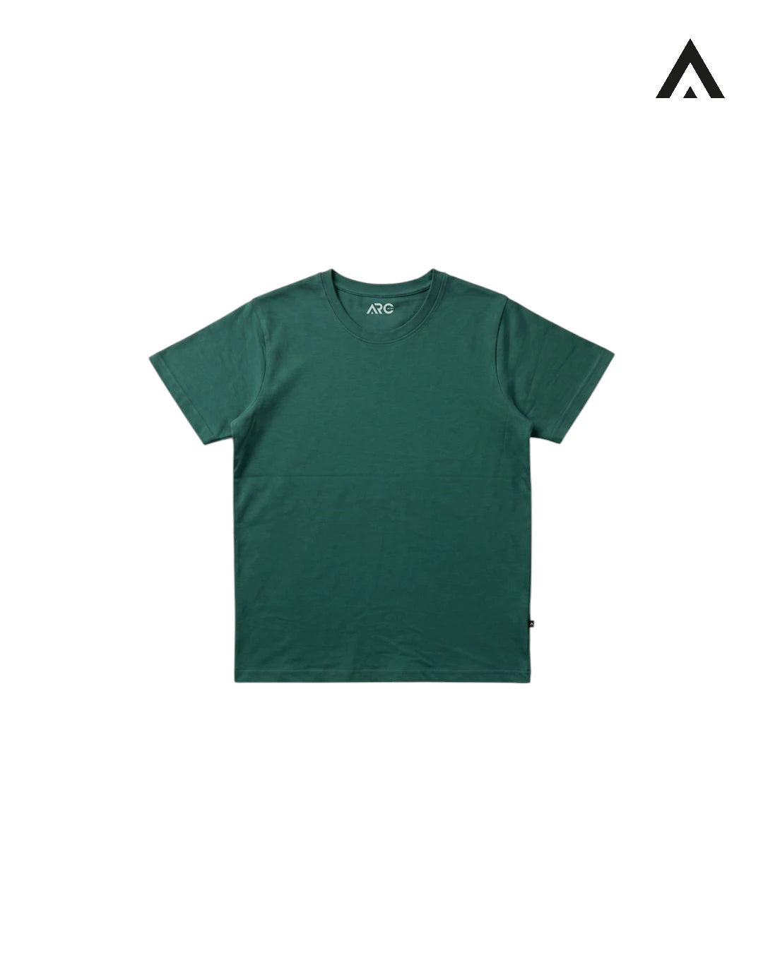 Green t-shirt on a white background with a brand logo in the corner.