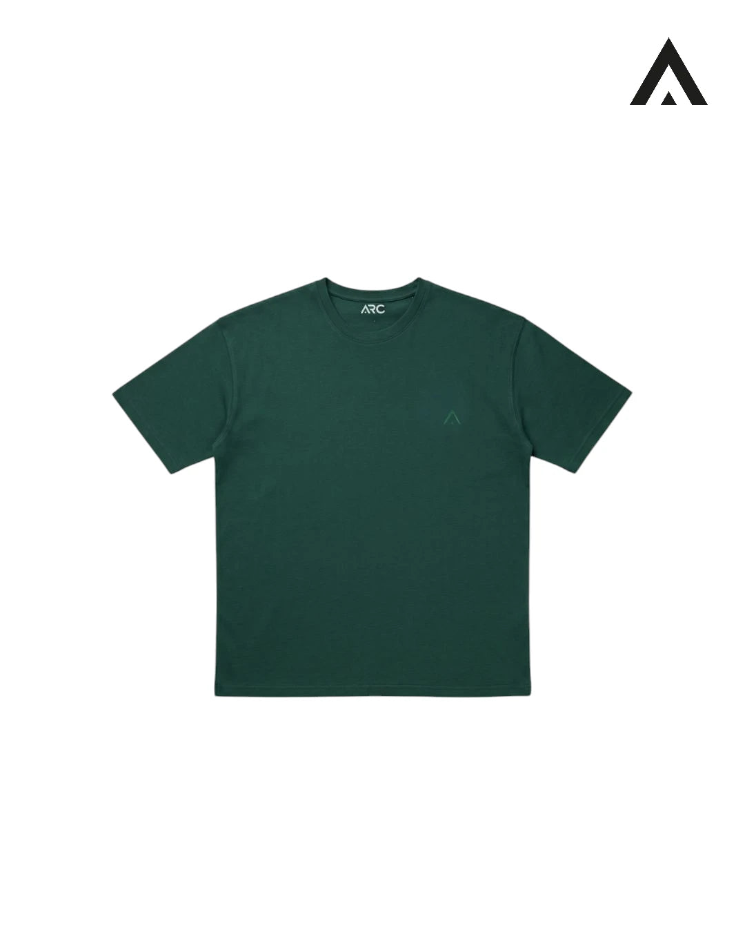 Green t-shirt with a small logo on a white background