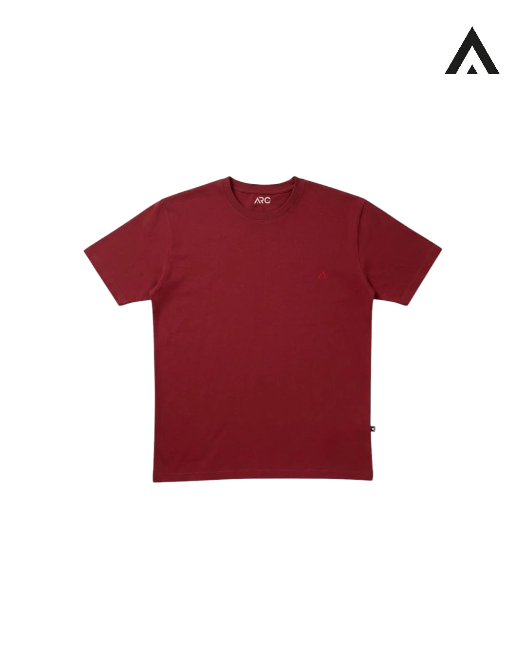 Red t-shirt with a small logo on a white background