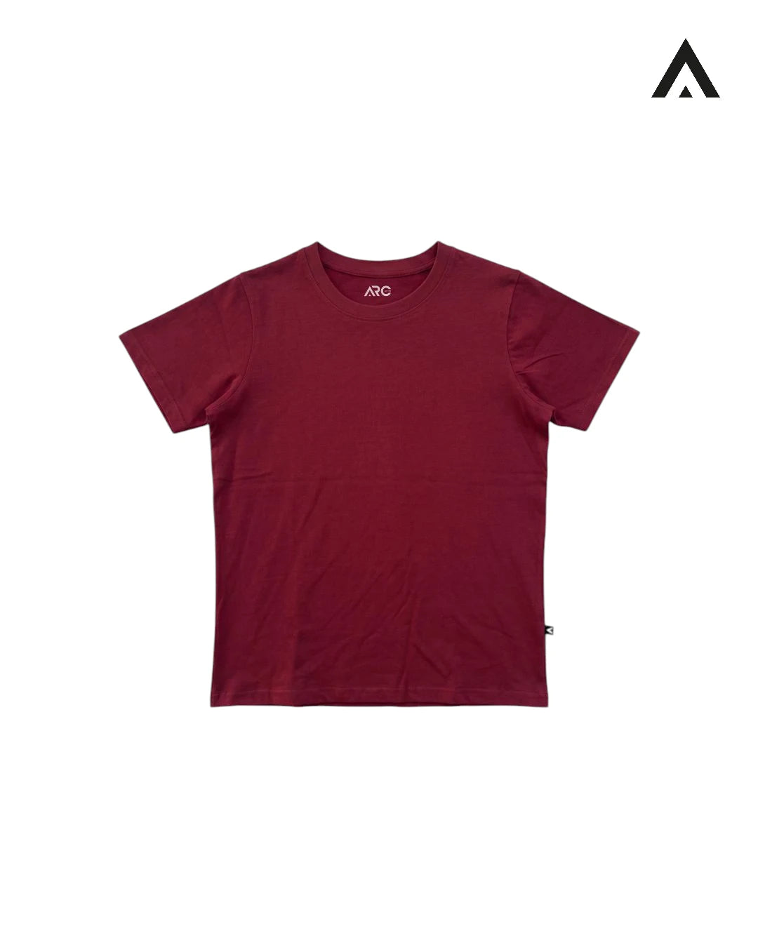 Maroon t-shirt on a white background with a brand logo in the corner.