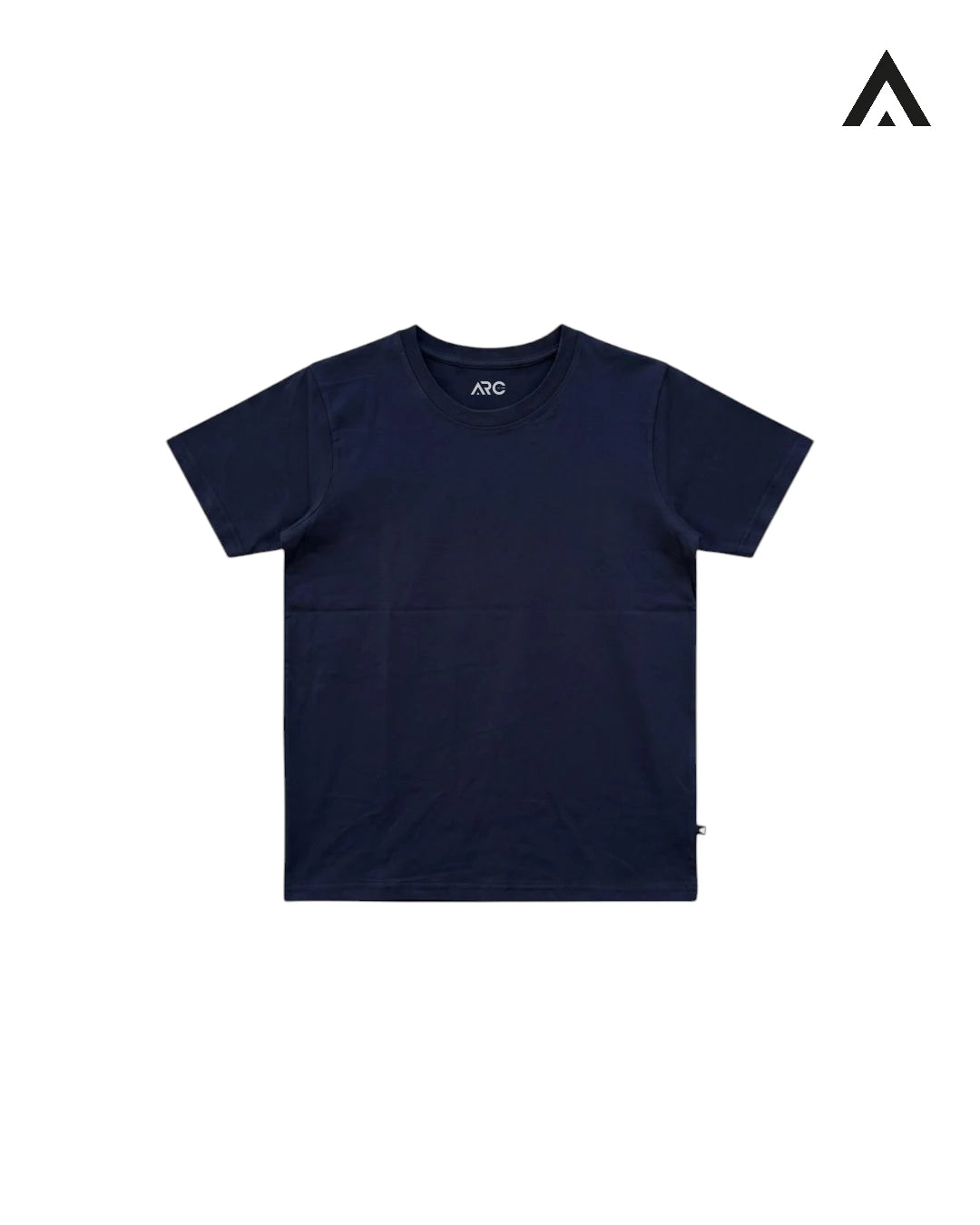 Navy blue t-shirt on a white background with a brand logo in the corner.