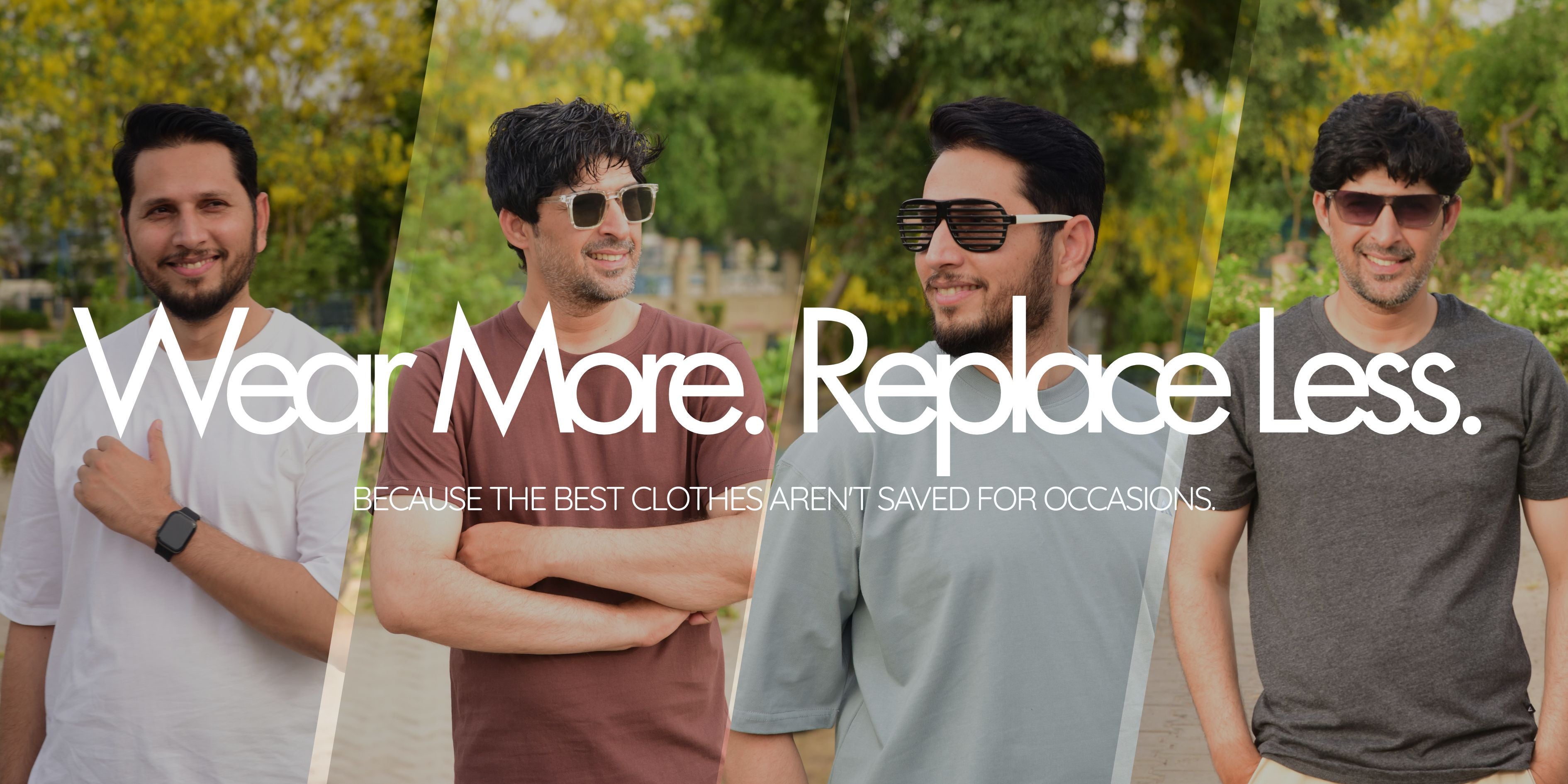 desktop banner with collage of men wearing white, brown, sky and charcoal t shirt