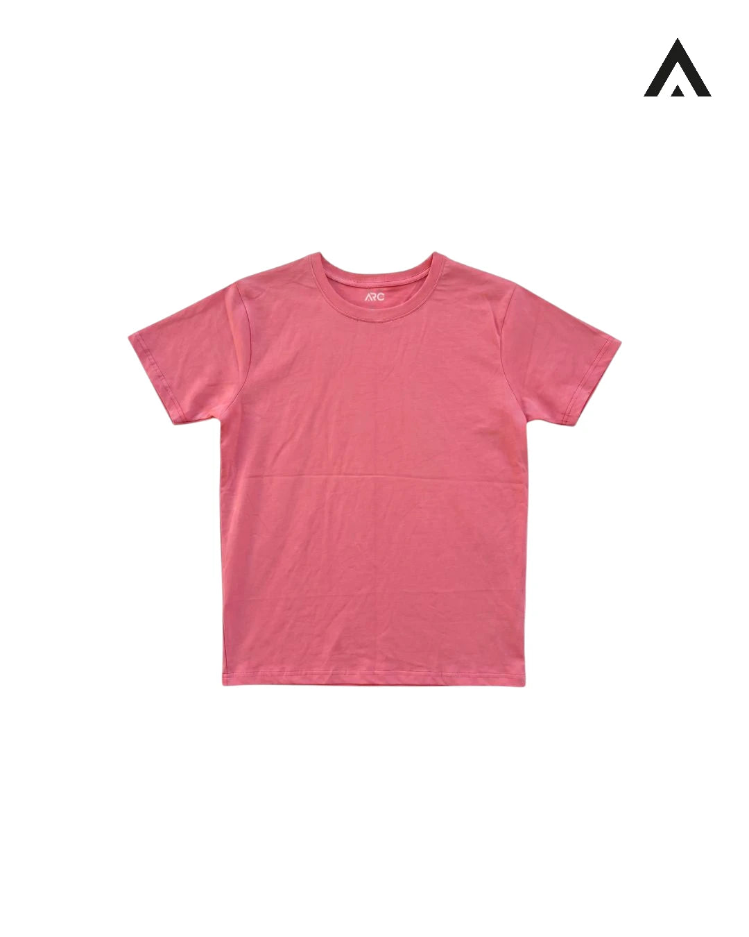 Pink t-shirt on a white background with a brand logo in the corner.