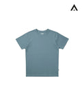 Plain blue t-shirt on a white background with a brand logo in the corner.