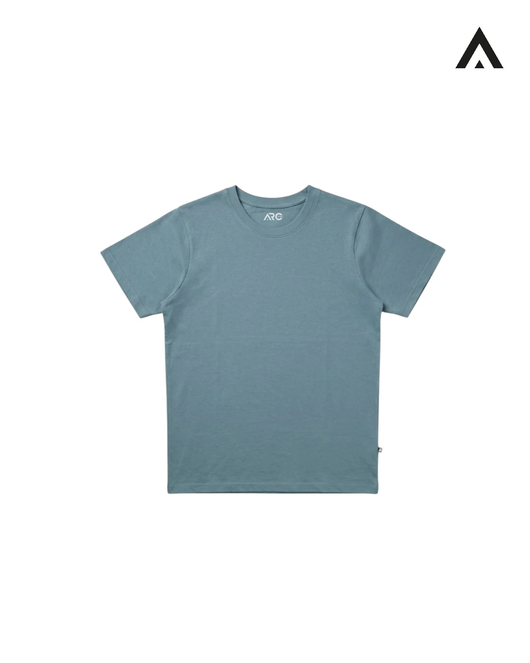 Plain blue t-shirt on a white background with a brand logo in the corner.